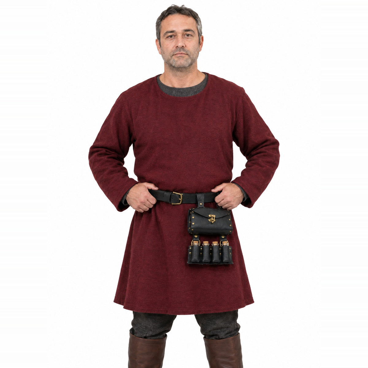 Black belt with pouch and potion vials worn by a model on a white background
