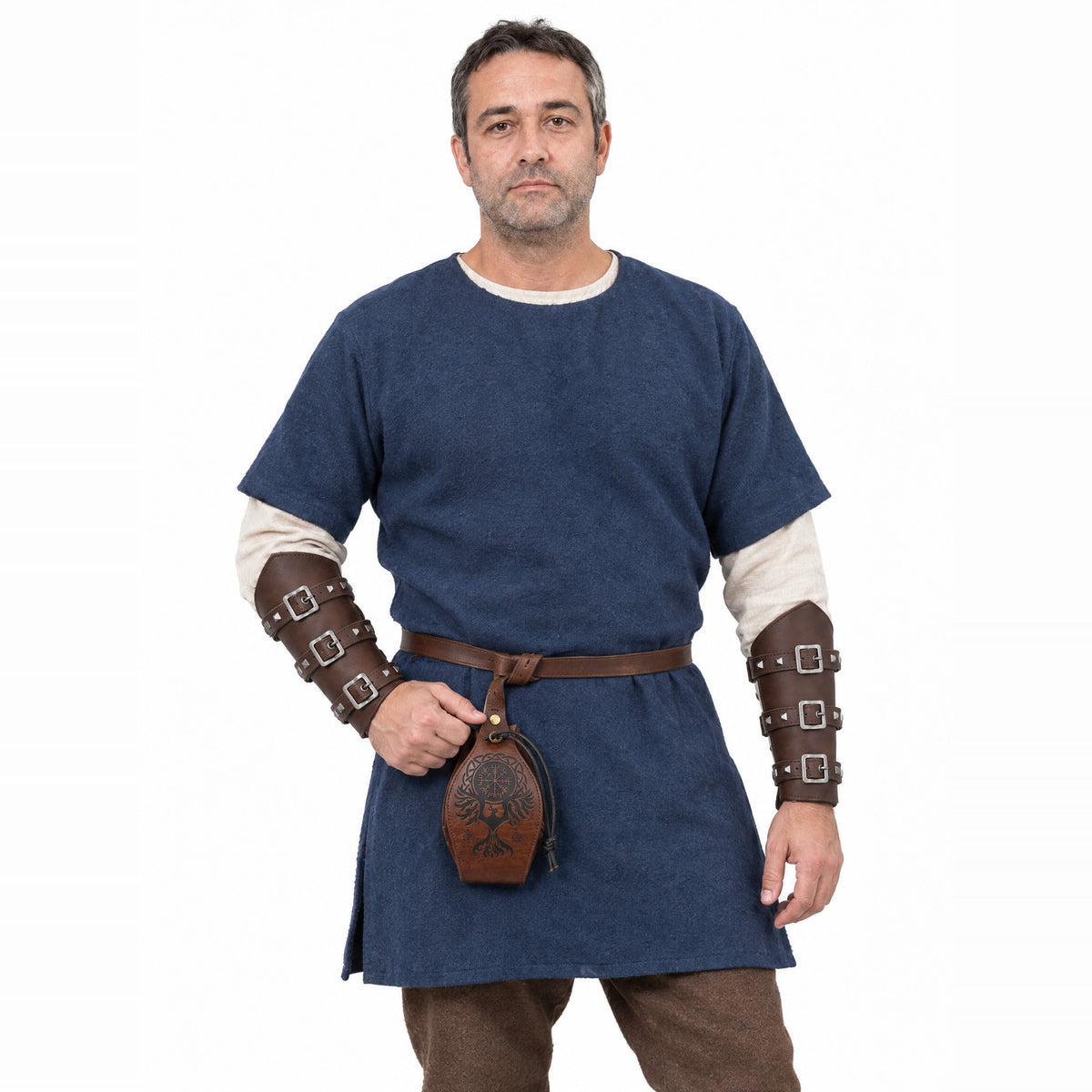 Brown buckled bracers with Vegvisir pouch worn by a model on a white background