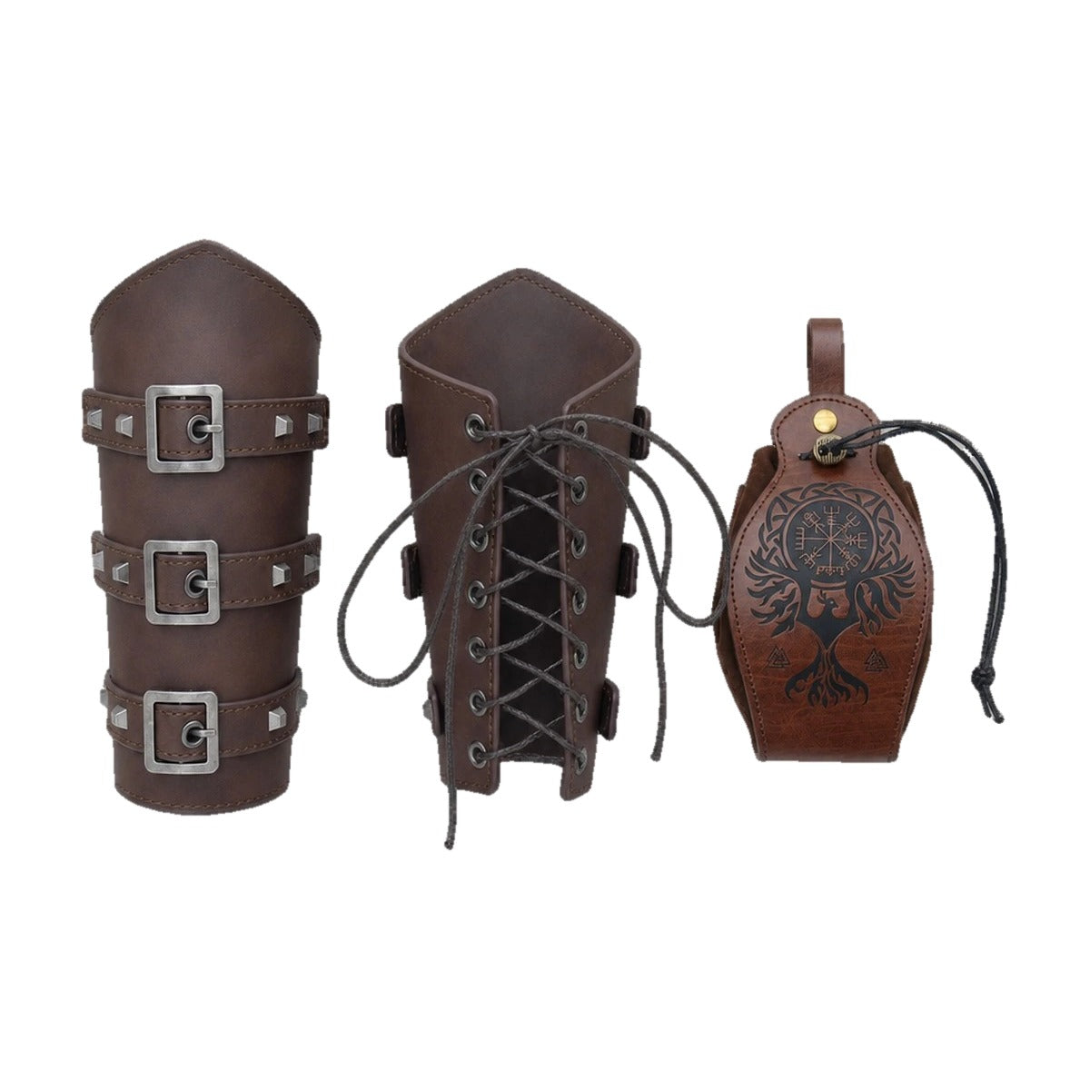 Brown buckled bracers with Vegvisir pouch