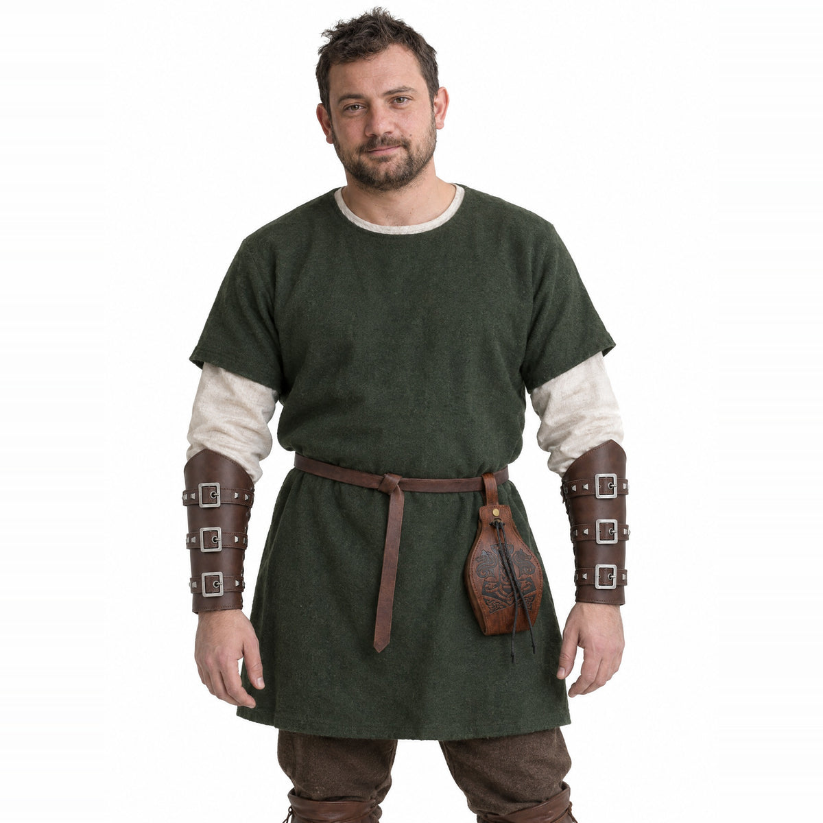 Brown buckled bracers with wolf pouch worn by a model on a white background