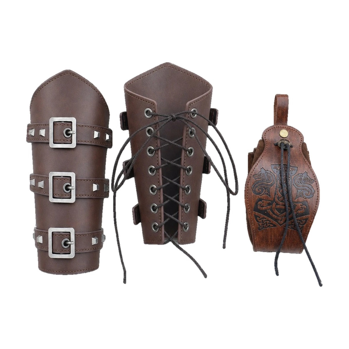 Brown buckled bracers with wolf pouch