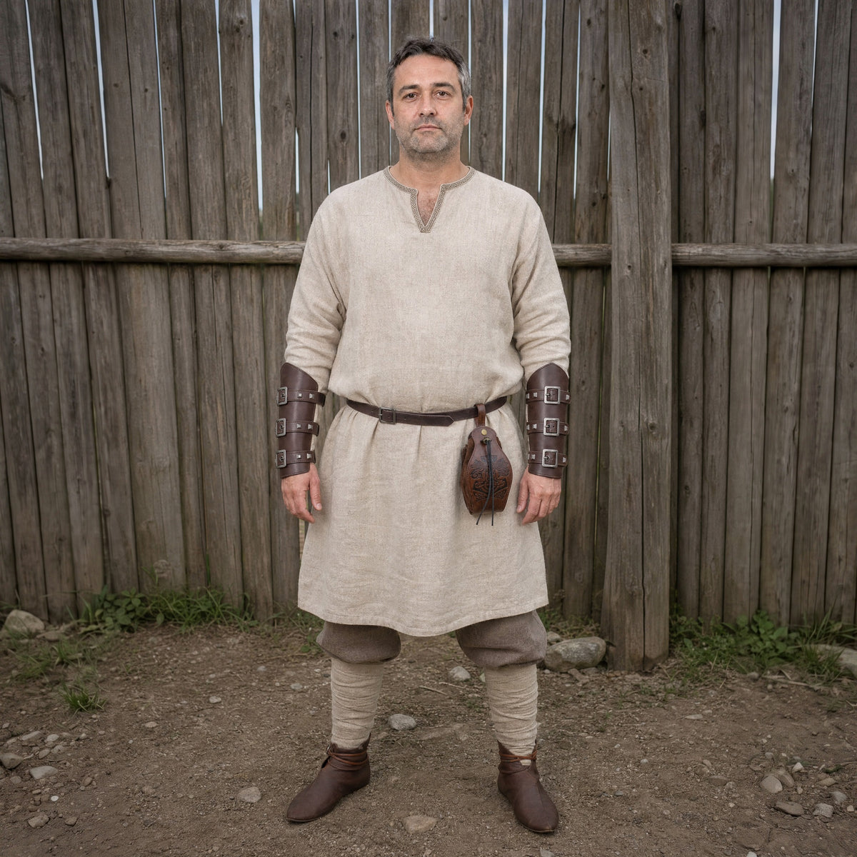Brown buckled bracers with wolf pouch worn outdoors, full-length front view