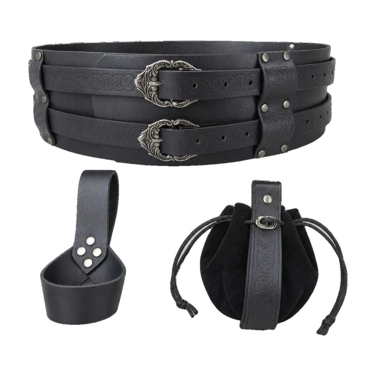 Black wide Celtic belt with sword frog and pouch