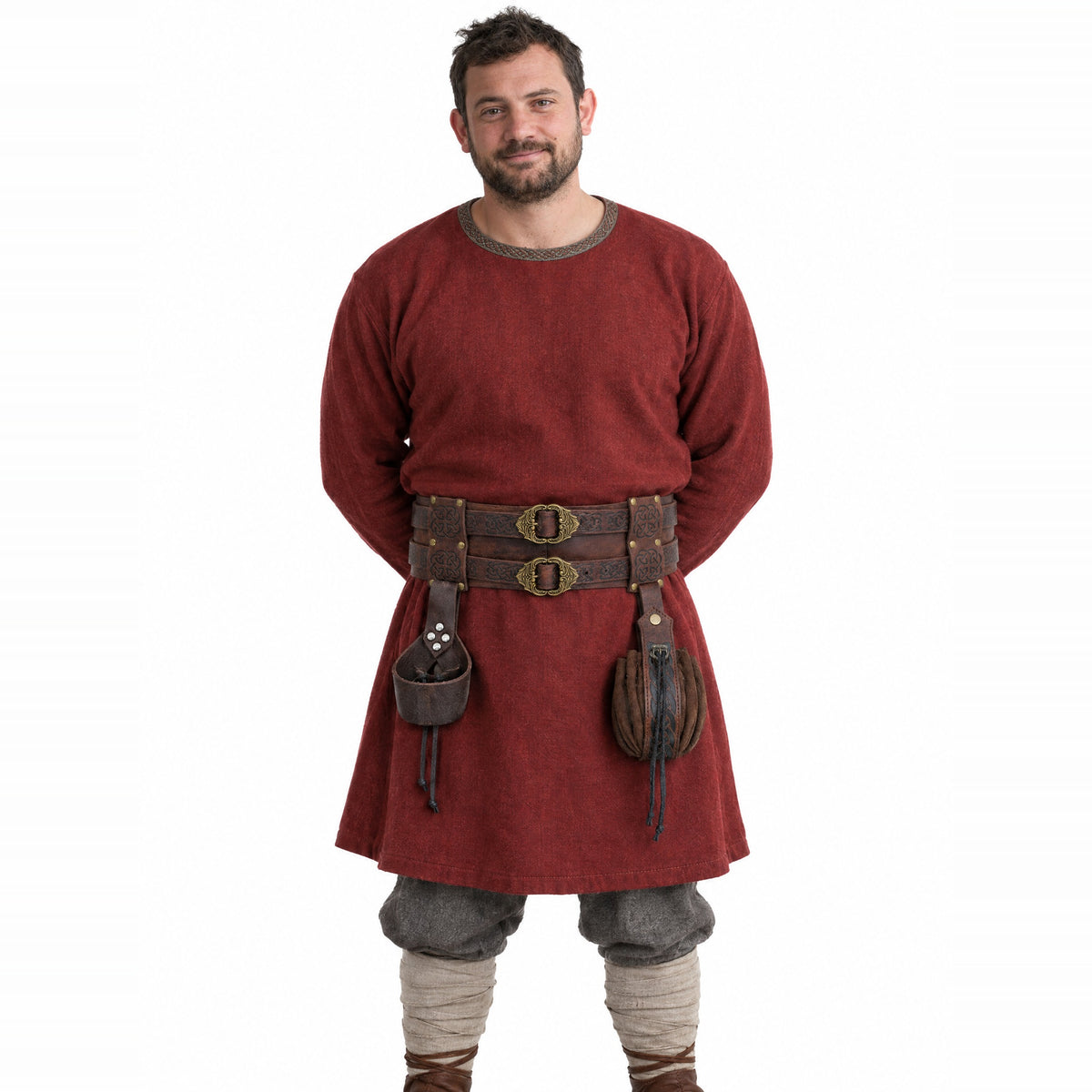 Brown wide Celtic belt with sword frog and pouch worn by a model on a white background