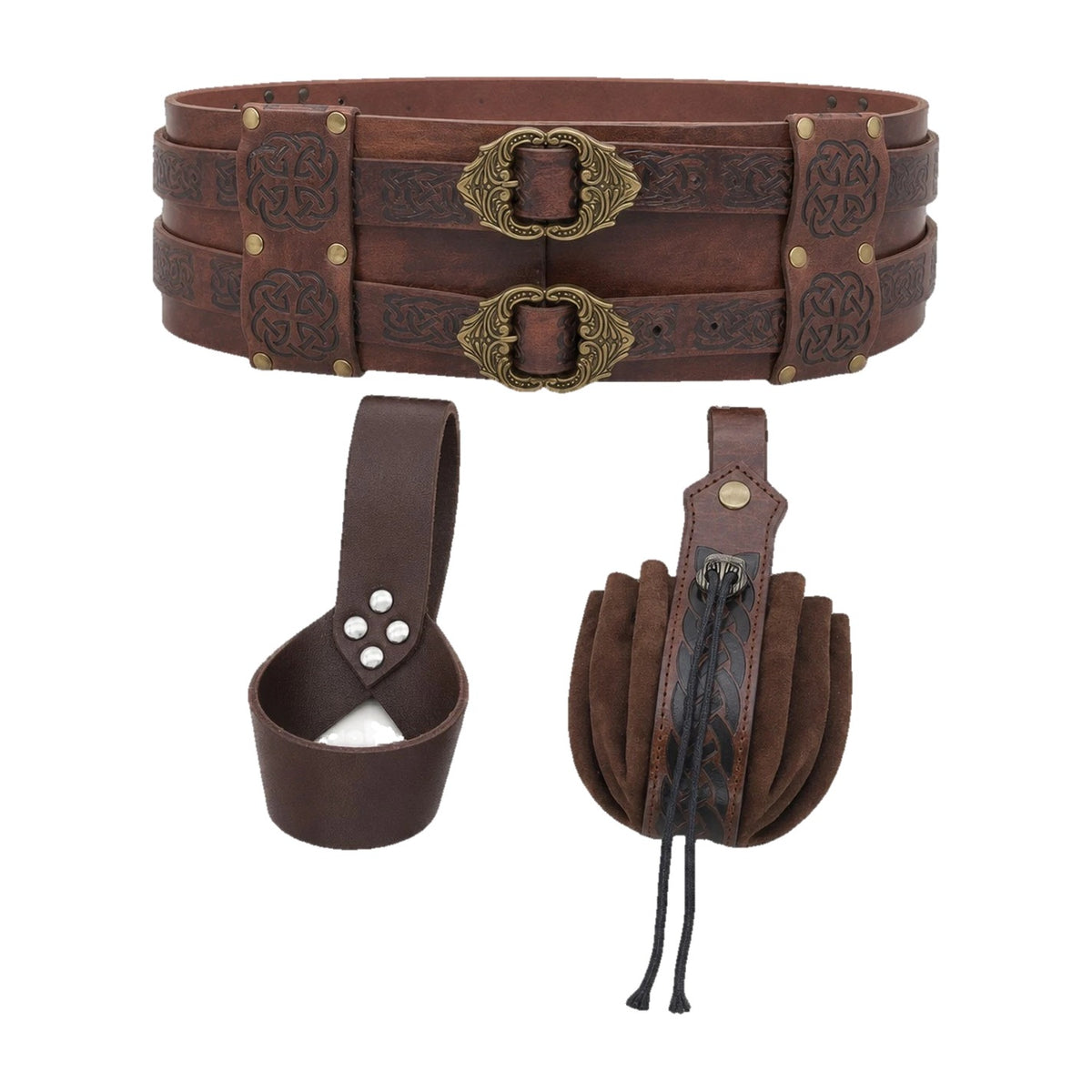 Brown wide Celtic belt with sword frog and pouch