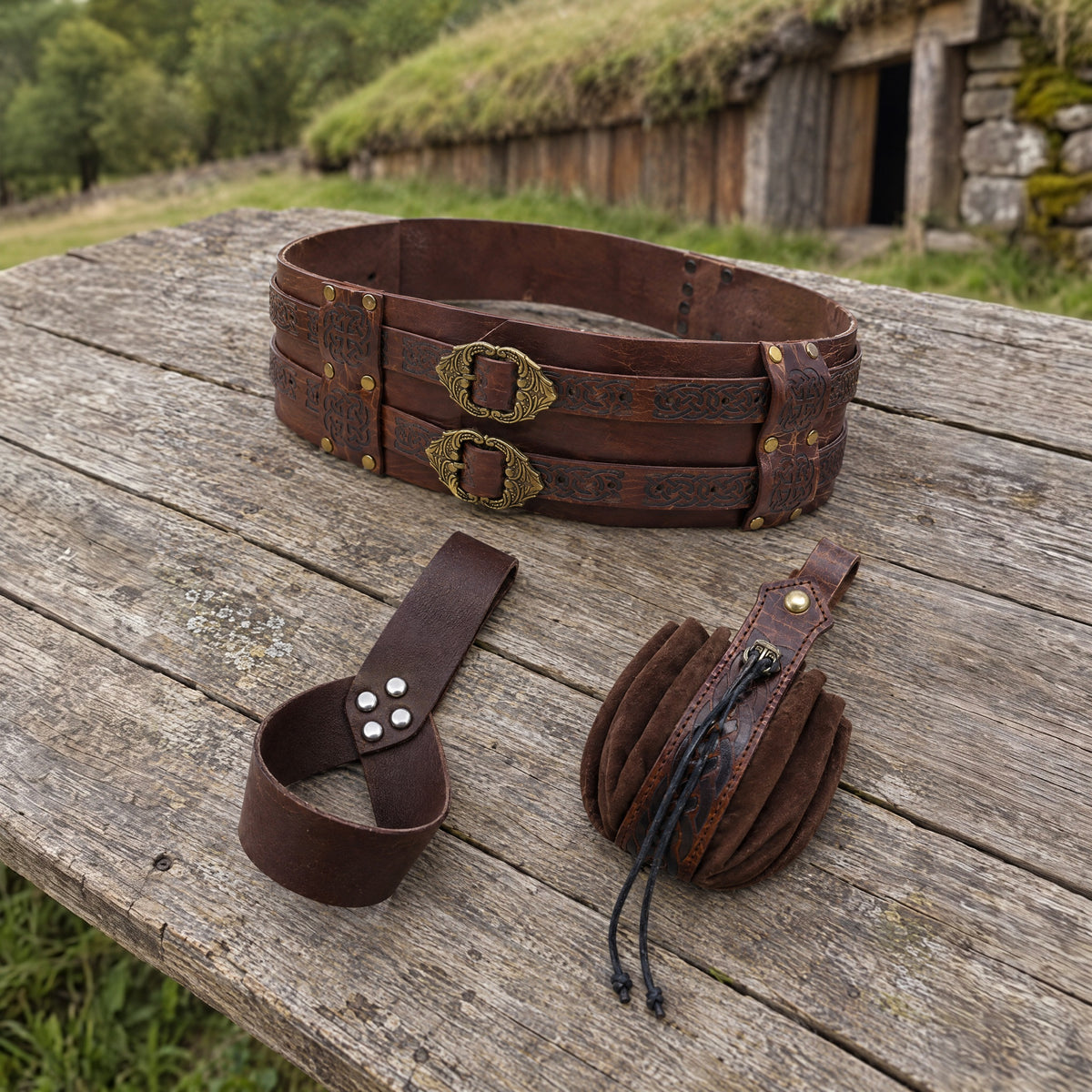 Brown wide Celtic belt with sword frog and pouch on a rustic surface