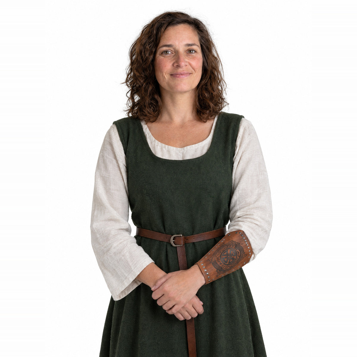 Brown Celtic knot bracer worn by a model on a white background