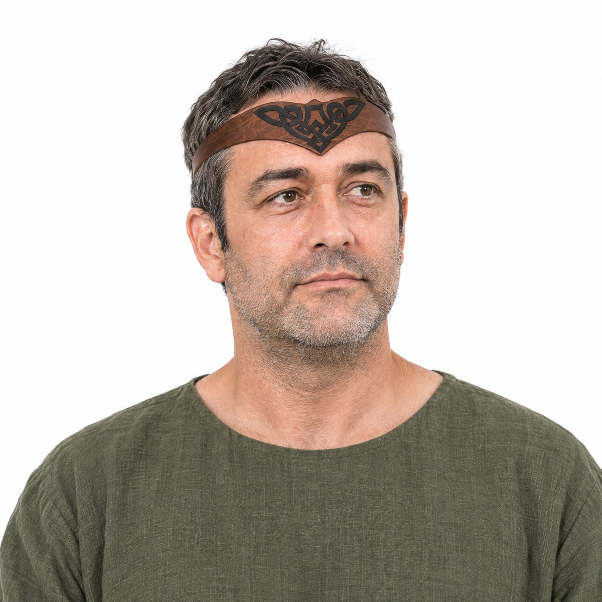 Brown thin celtic knotwork headband worn by a model on a white background