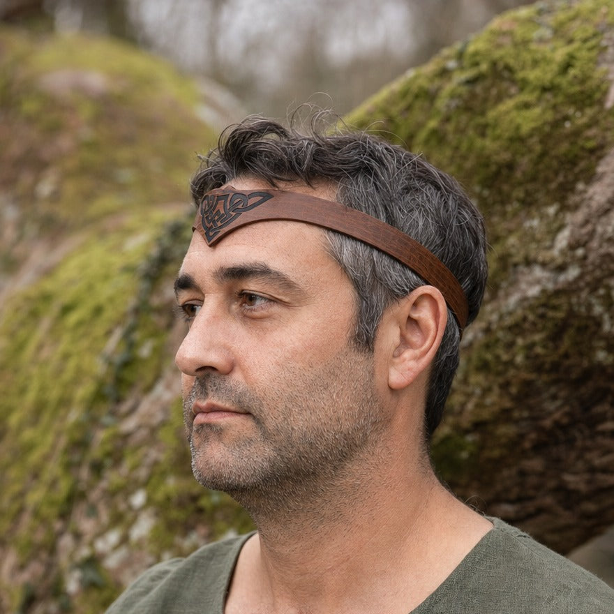 Celtic knotwork headband on a wearer, showing the 2.2 cm band depth