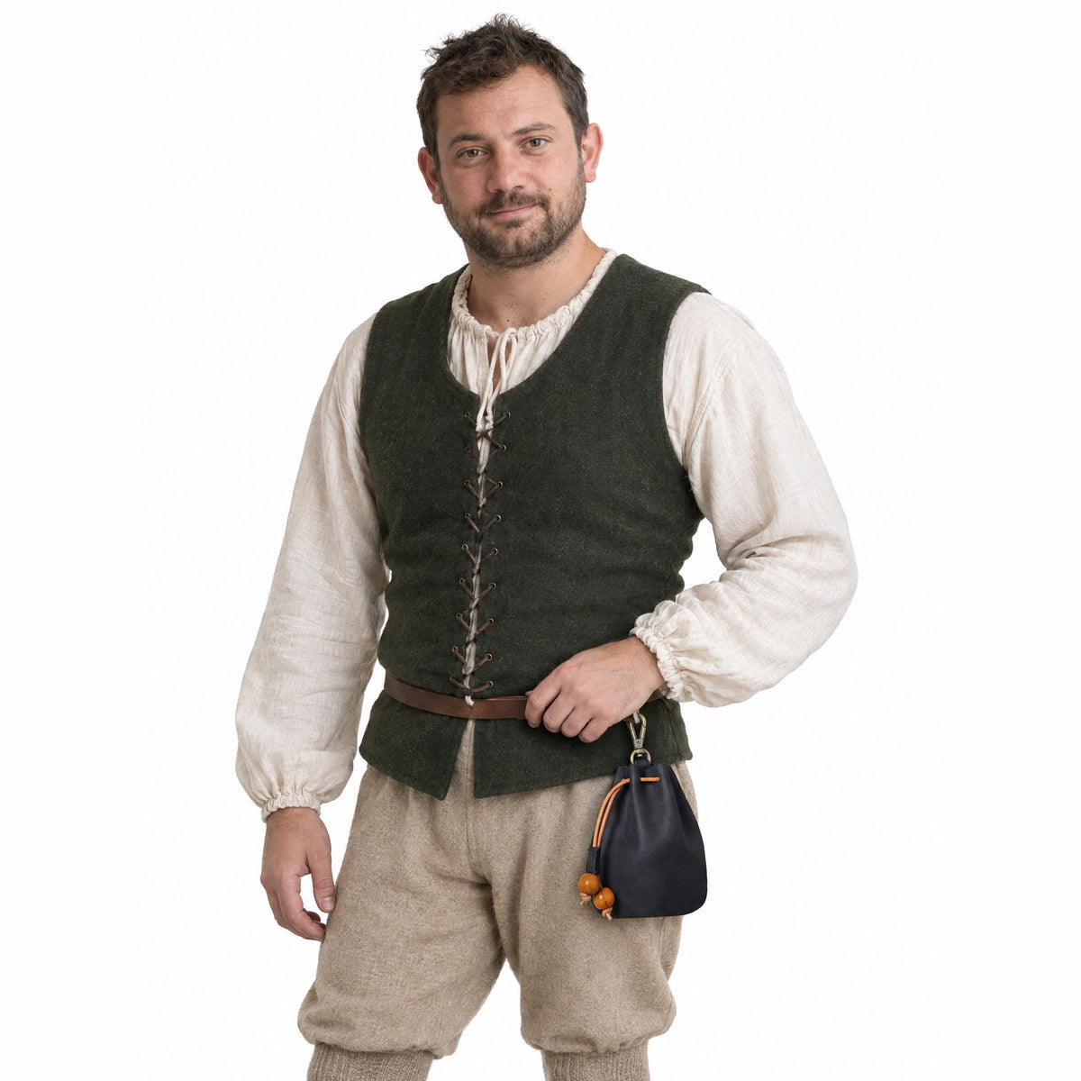 Black clip-on leather drawstring pouch worn by a model on a white background