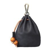Black clip-on leather drawstring pouch
