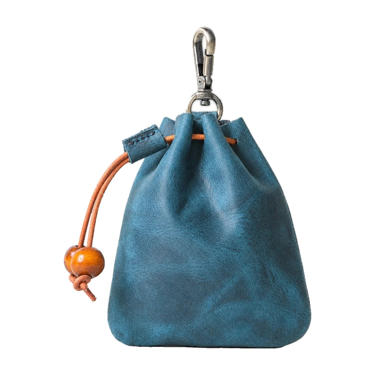 Blue clip-on leather drawstring pouch