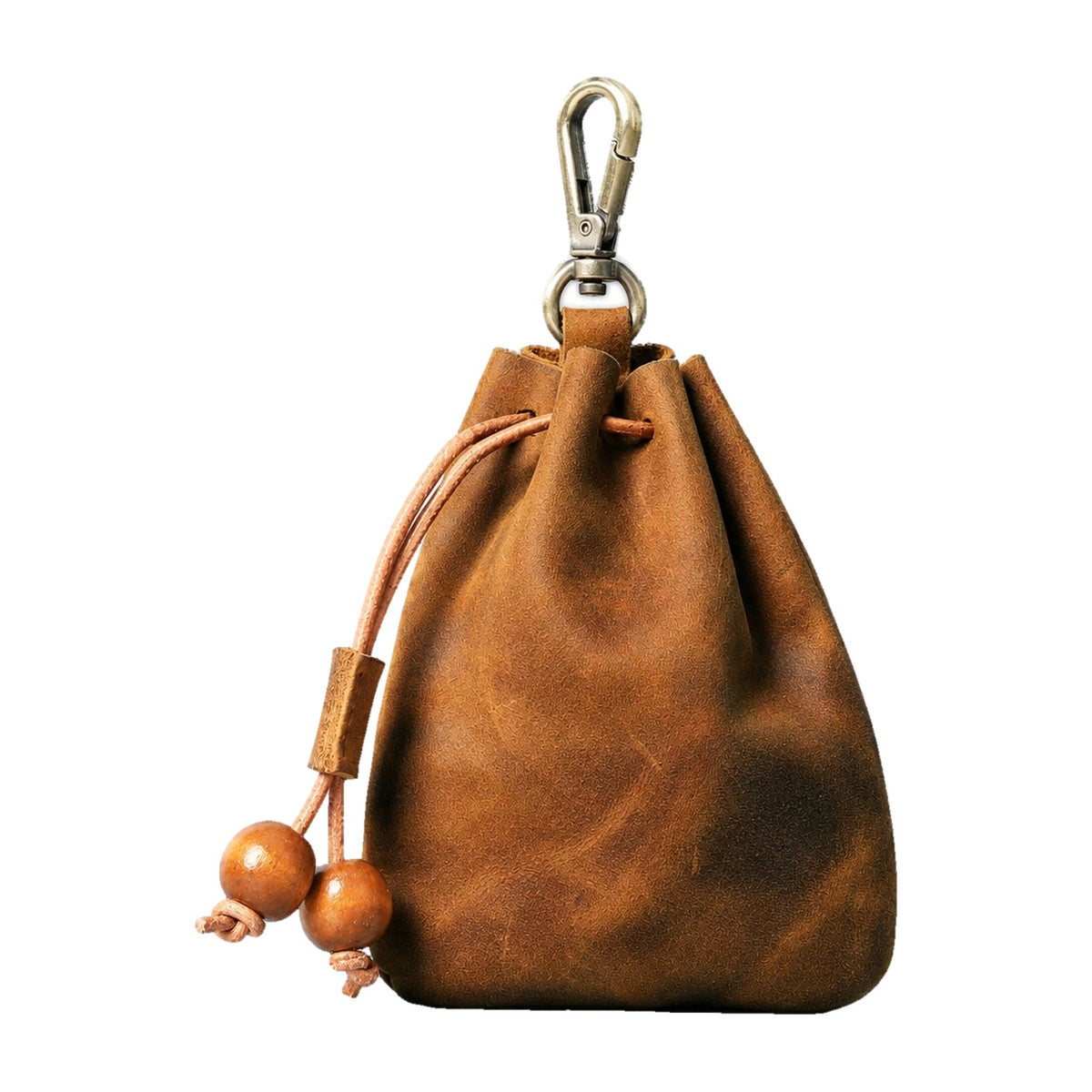 Brown clip-on leather drawstring pouch