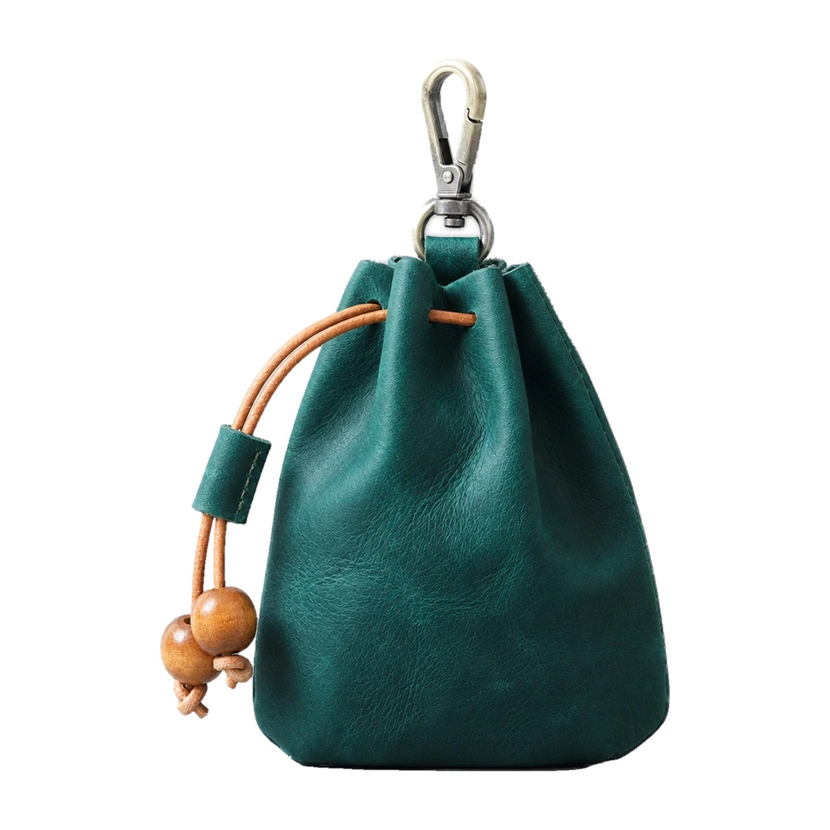 Dark green clip-on leather drawstring pouch