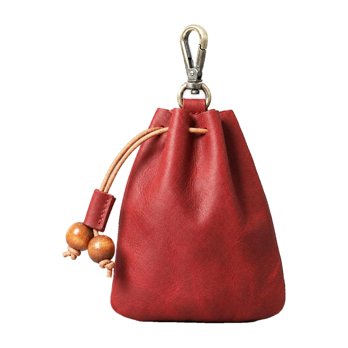 Wine red clip-on leather drawstring pouch