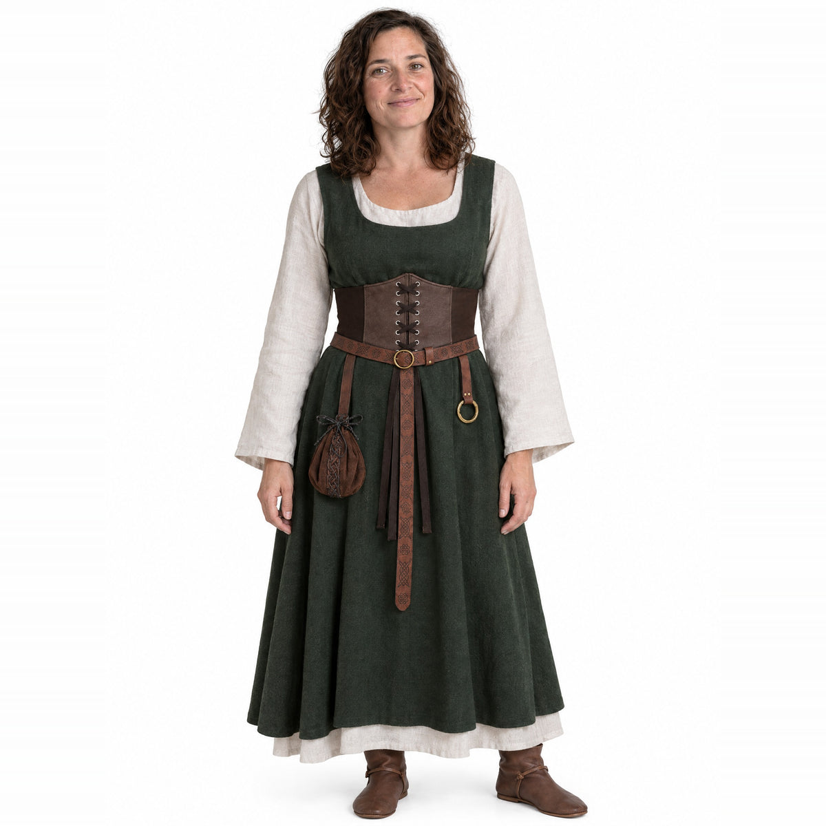Brown corset belt set with faux suede pouch worn by a model on a white background