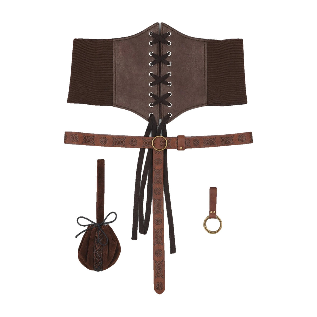Brown corset belt set with faux suede pouch