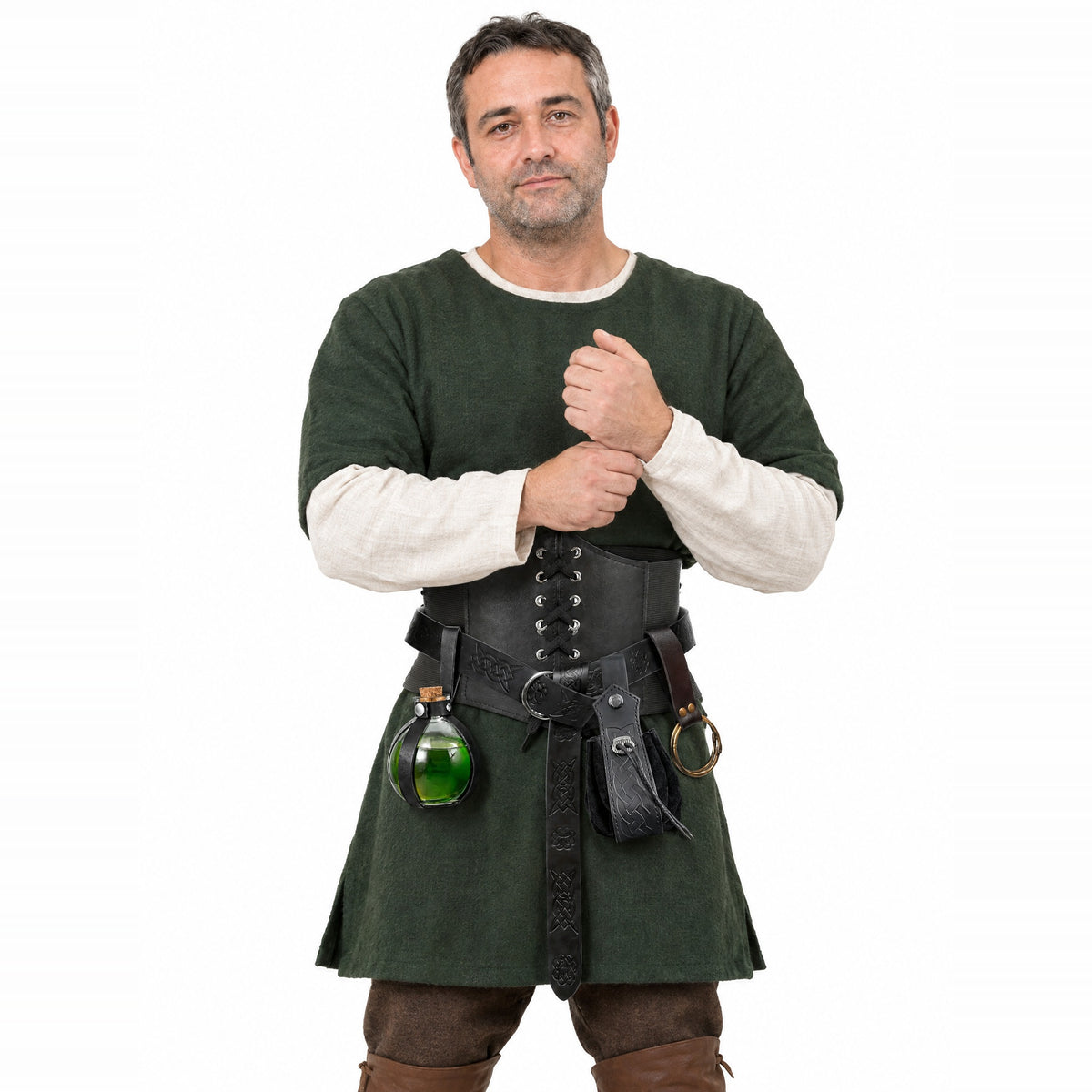 Black corset belt set with bottle holder worn by a model on a white background