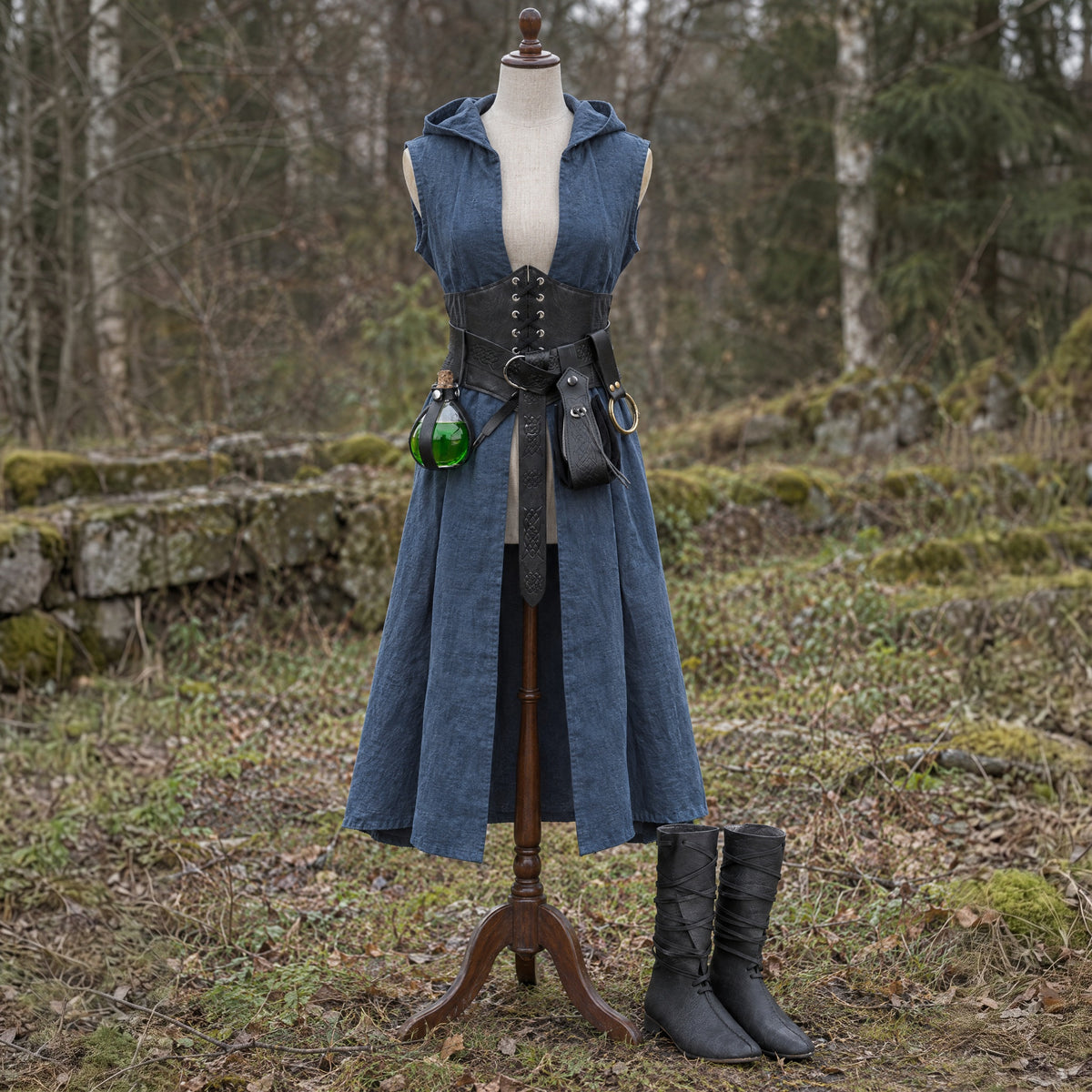 Corset belt set with bottle holder in a complete ranger outfit, on a dress form