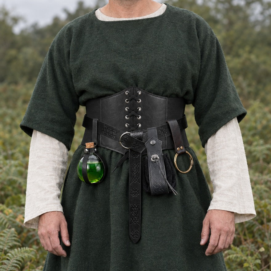 Corset belt set with bottle holder on a wearer, showing how high the corset sits at the waist