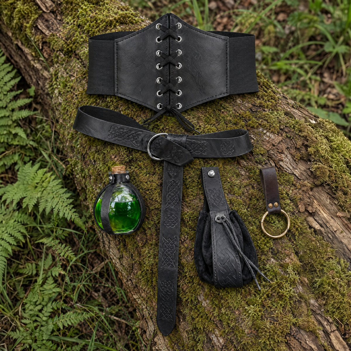 Black corset belt set with bottle holder on a rustic surface