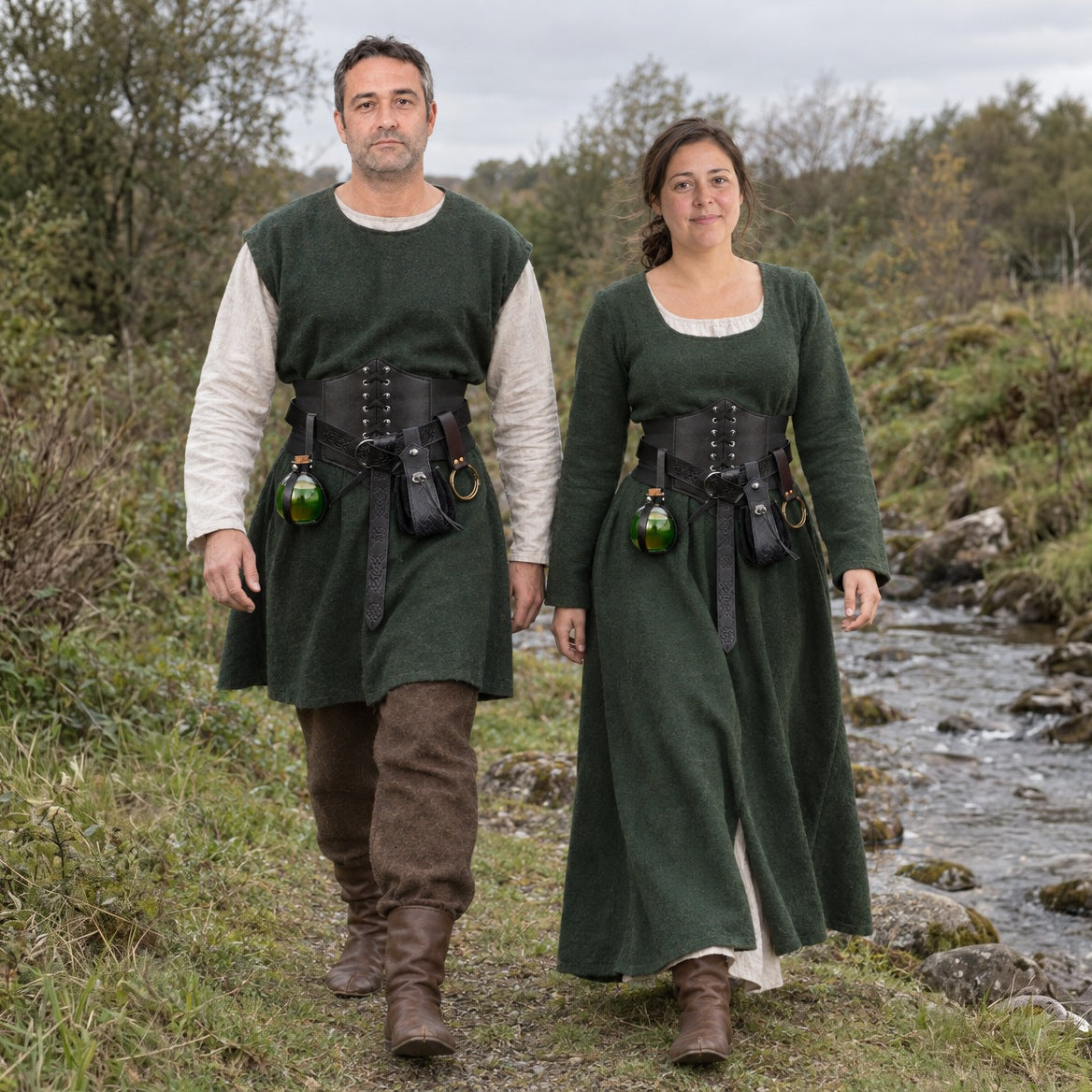 Black corset belt sets with bottle holders worn by a man and a woman outdoors