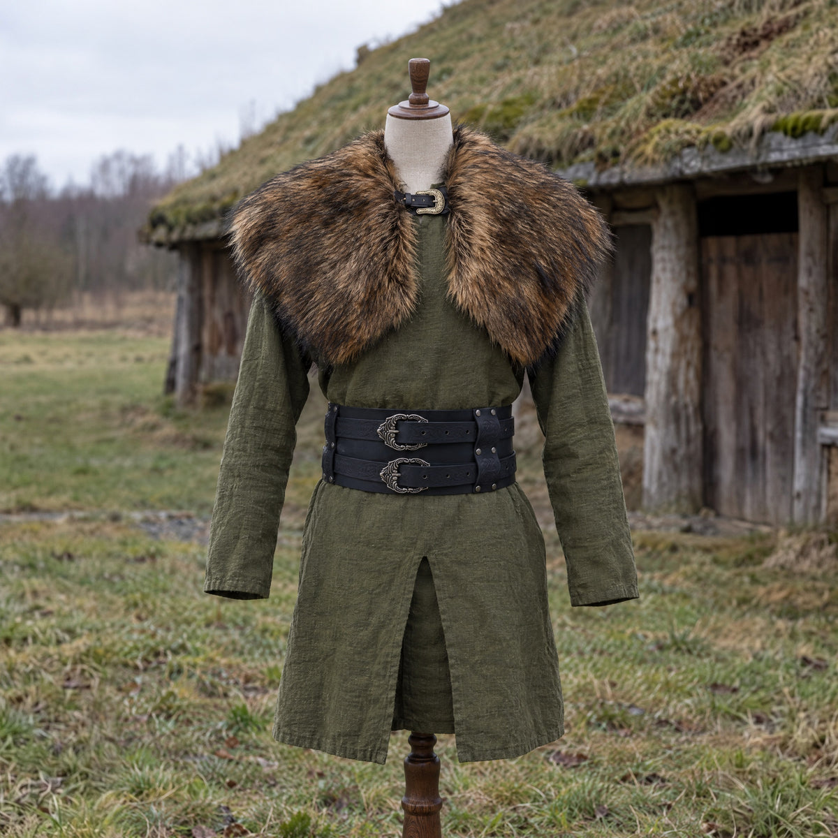Cotton Viking Tunic in a complete Viking outfit, on a dress form