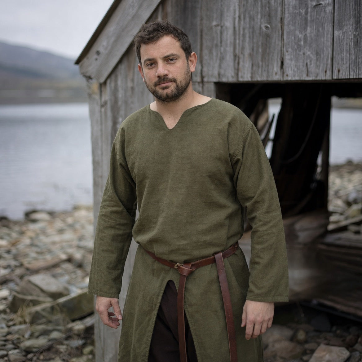 Cotton Viking tunic on a wearer, showing the fit and length