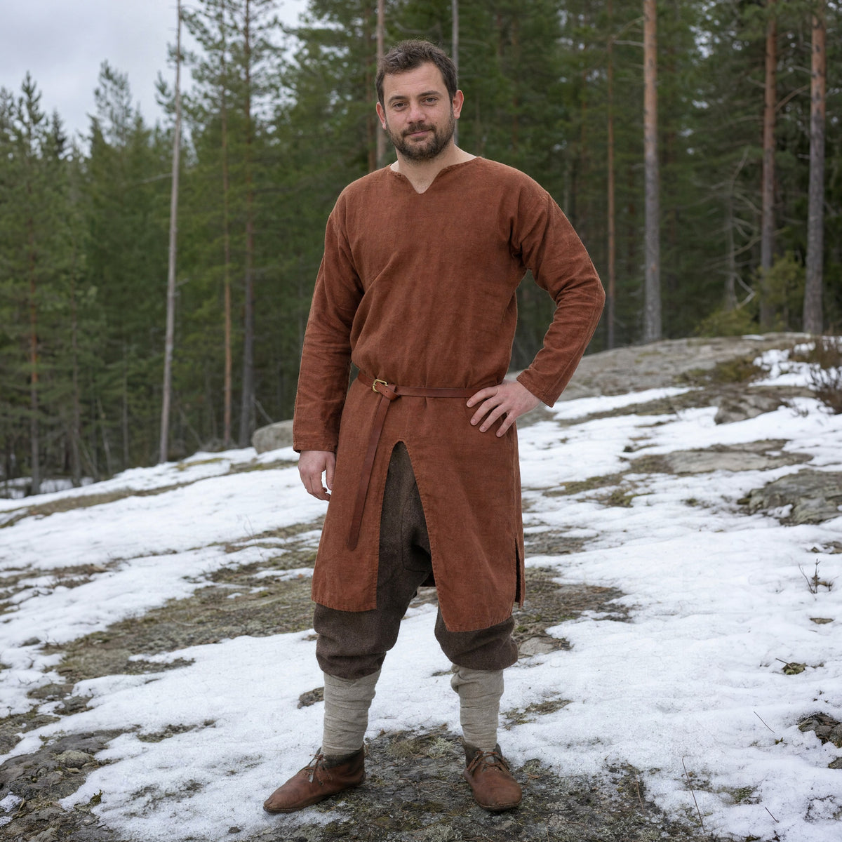 Dark Brown cotton Viking tunic worn by a man outdoors, full-length front view