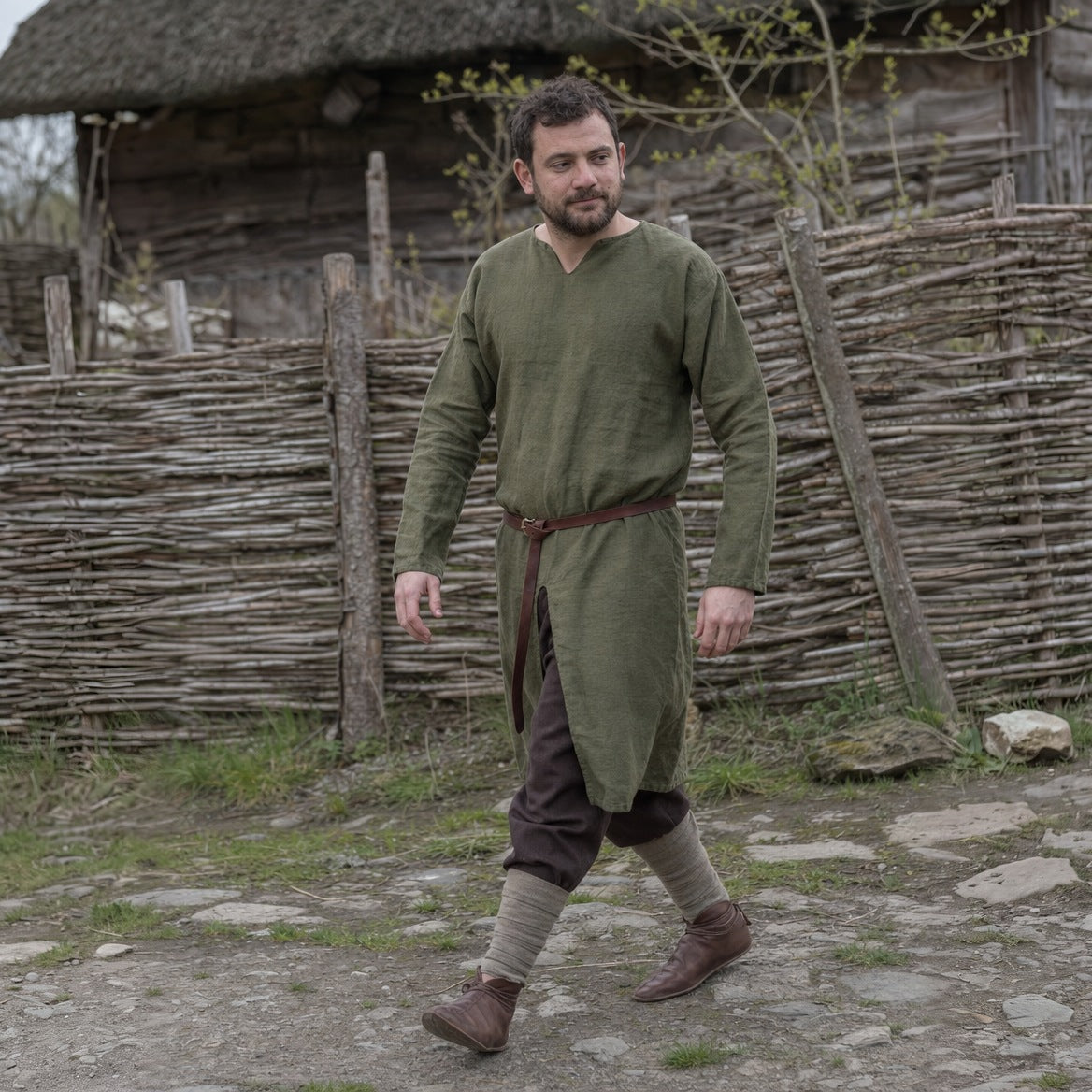 Green cotton Viking tunic worn outdoors