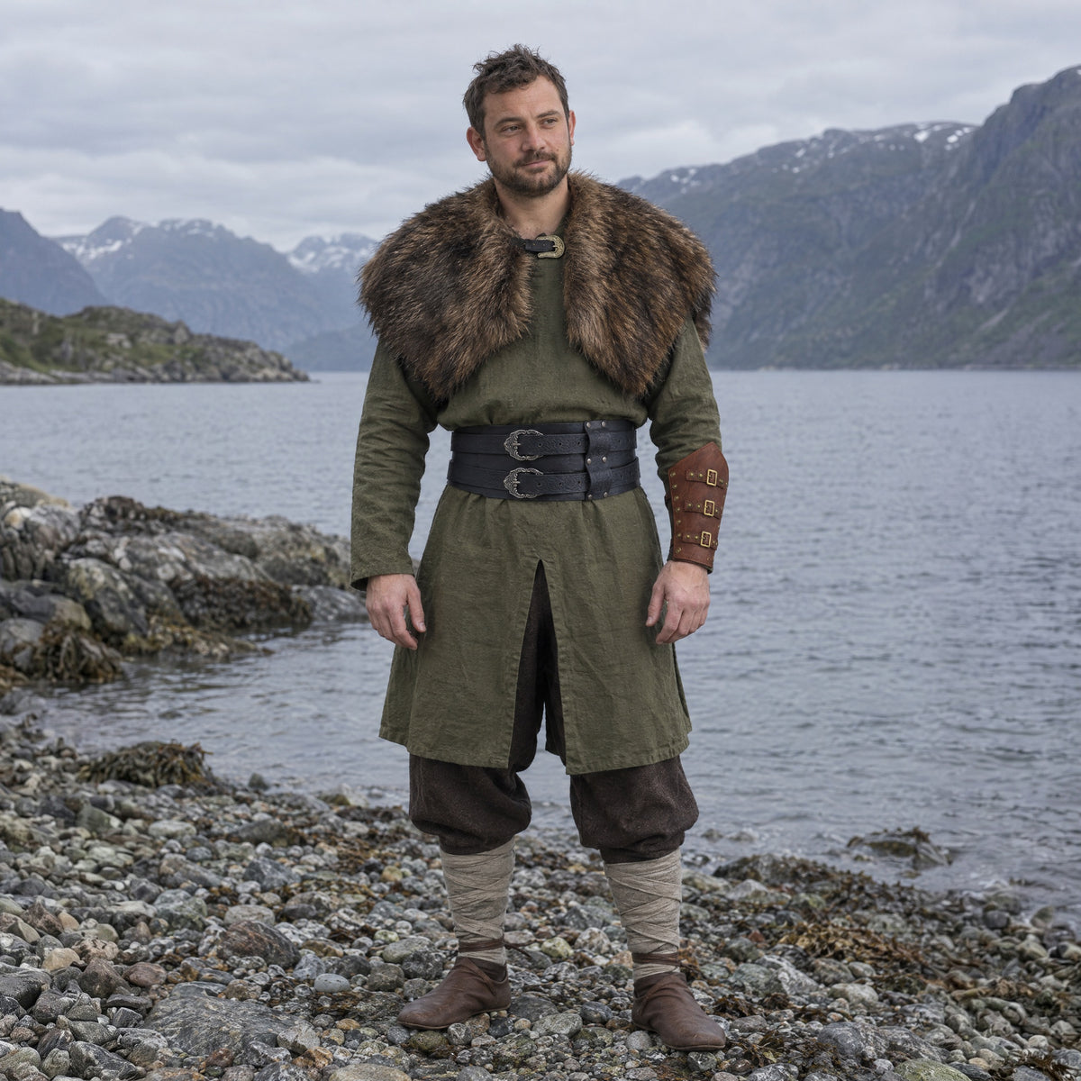 Cotton Viking Tunic in a complete Viking outfit, worn by a man outdoors