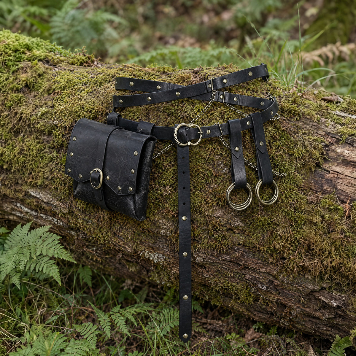 Black crossed belt with flap pouch on a rustic surface