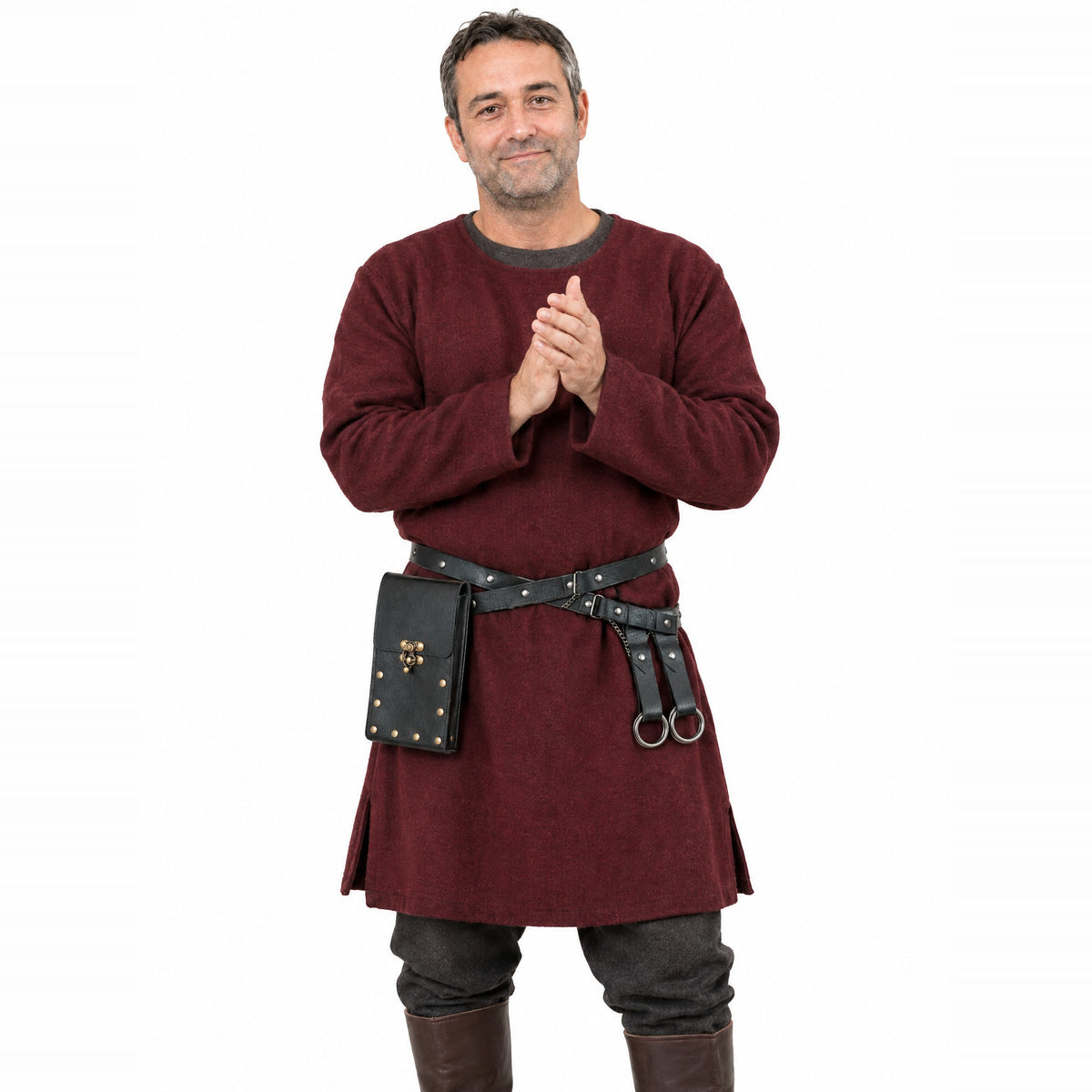 Black crossed belt with tall pouch worn by a model on a white background