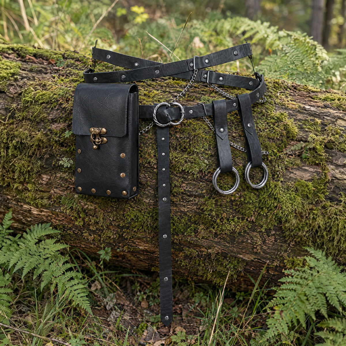 Black crossed belt with tall pouch on a rustic surface