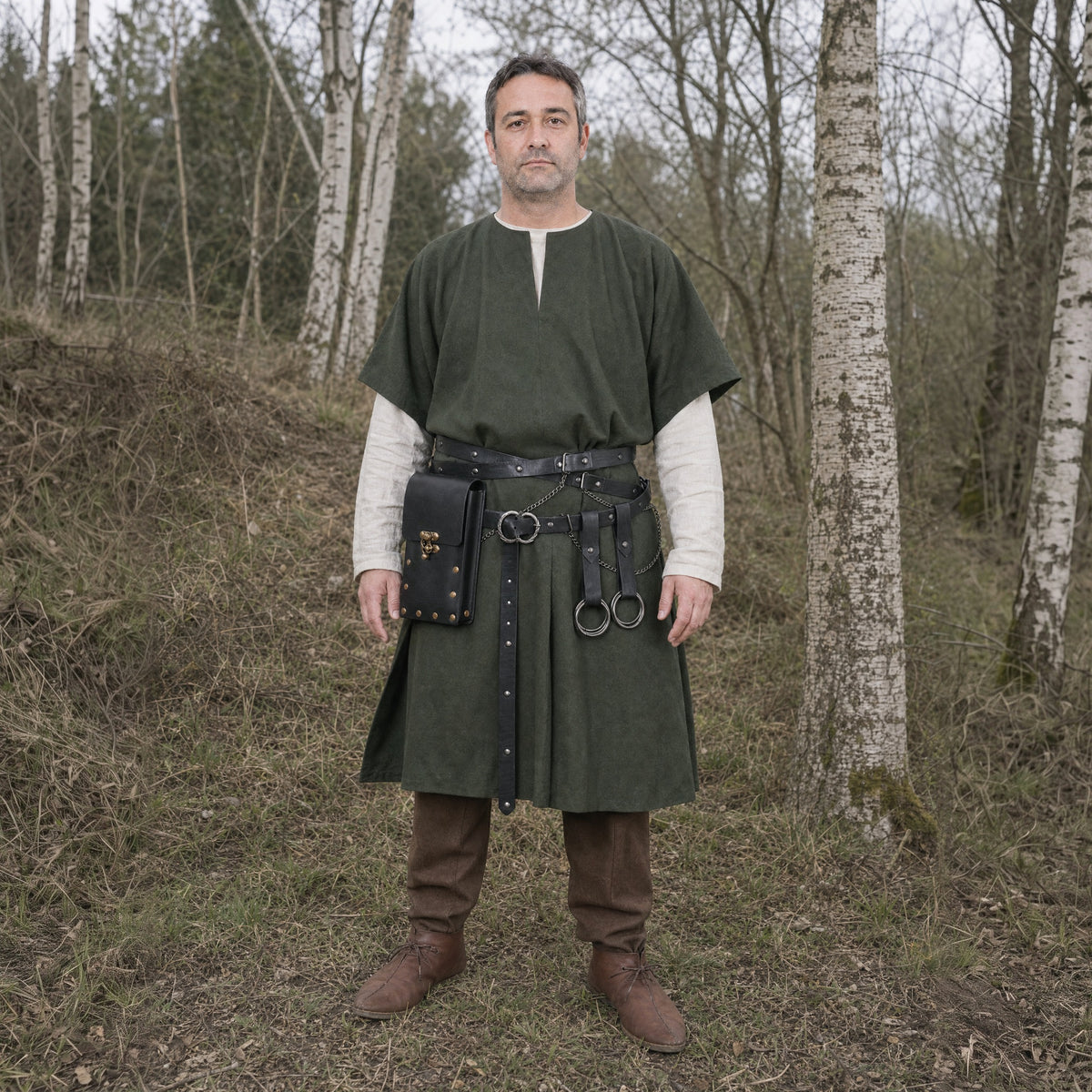 Black crossed belt with tall pouch worn outdoors, full-length front view