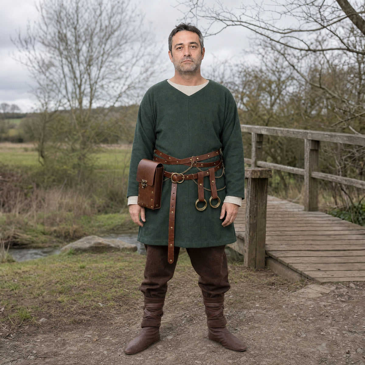 Brown crossed belt with tall pouch worn outdoors, full-length front view
