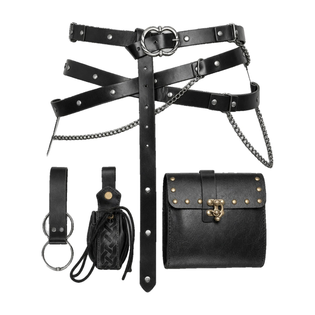 Black double belt with waist bag and round pouch