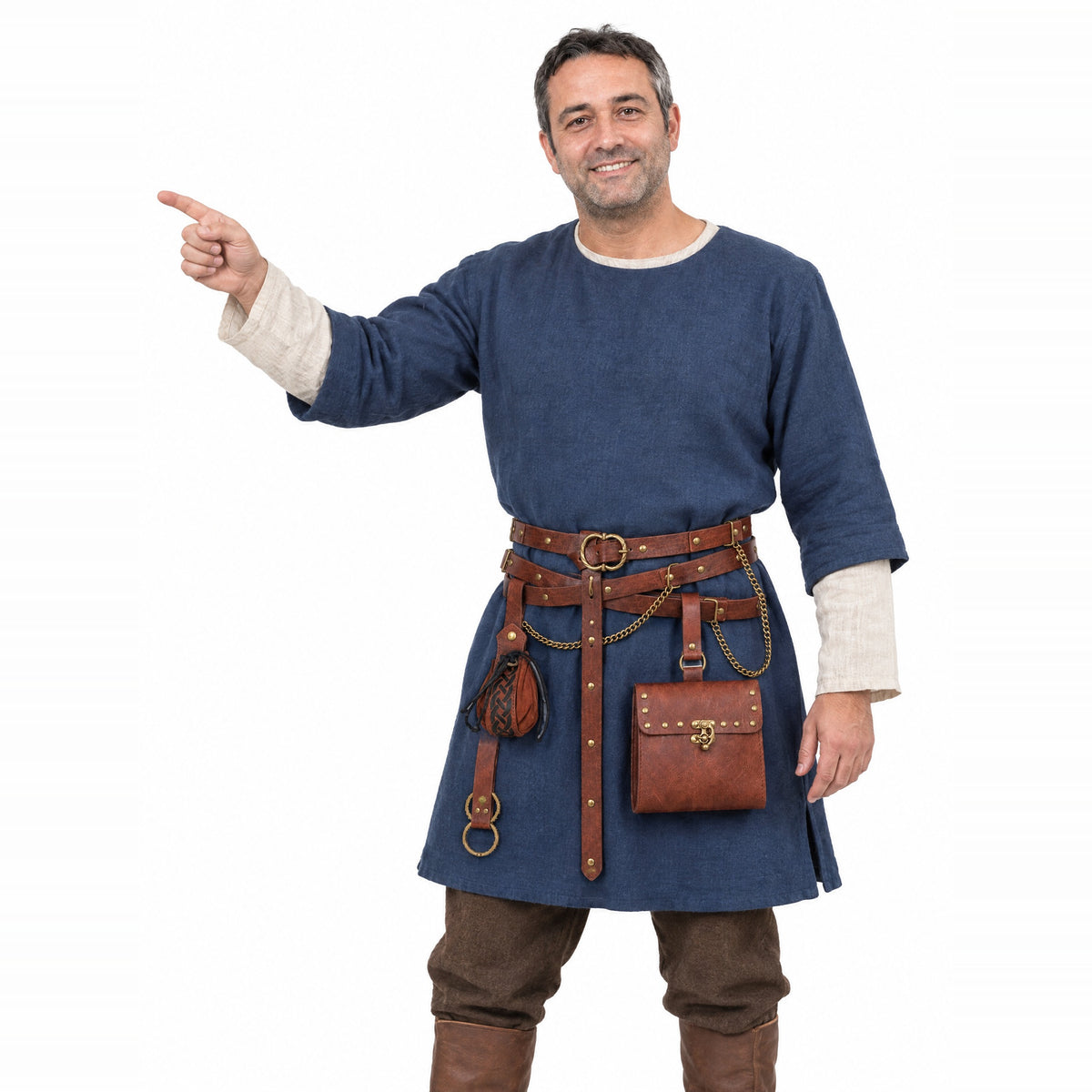 Brown double belt with waist bag and round pouch worn by a model on a white background