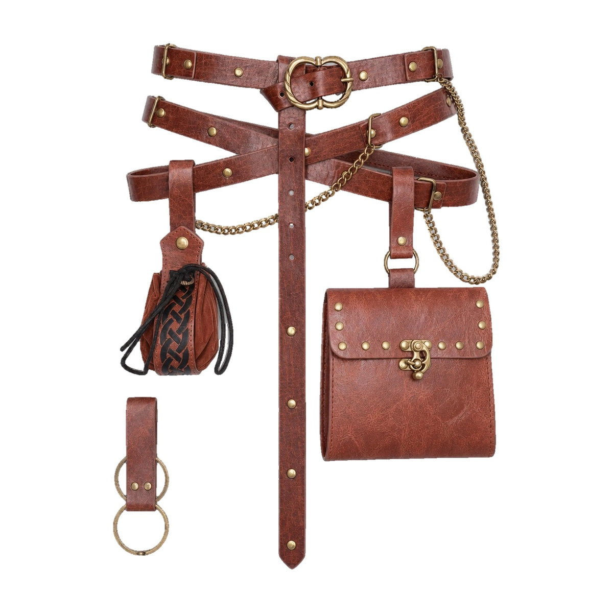 Brown double belt with waist bag and round pouch