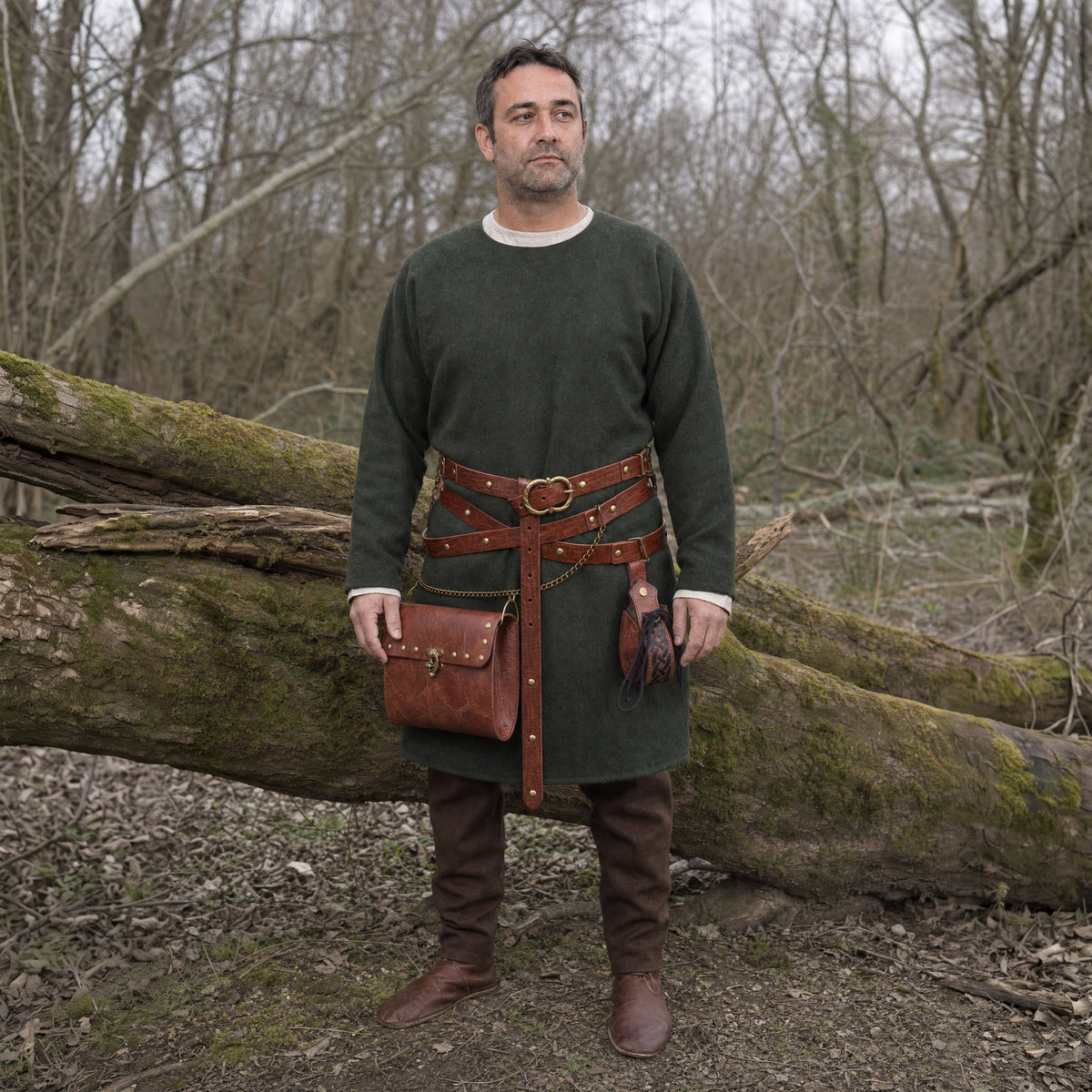 Brown double belt with waist bag and round pouch worn outdoors, full-length front view