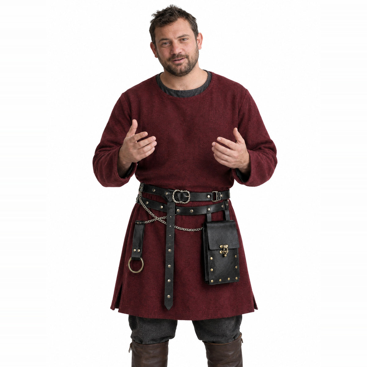 Black double belt with studded waist bag worn by a model on a white background