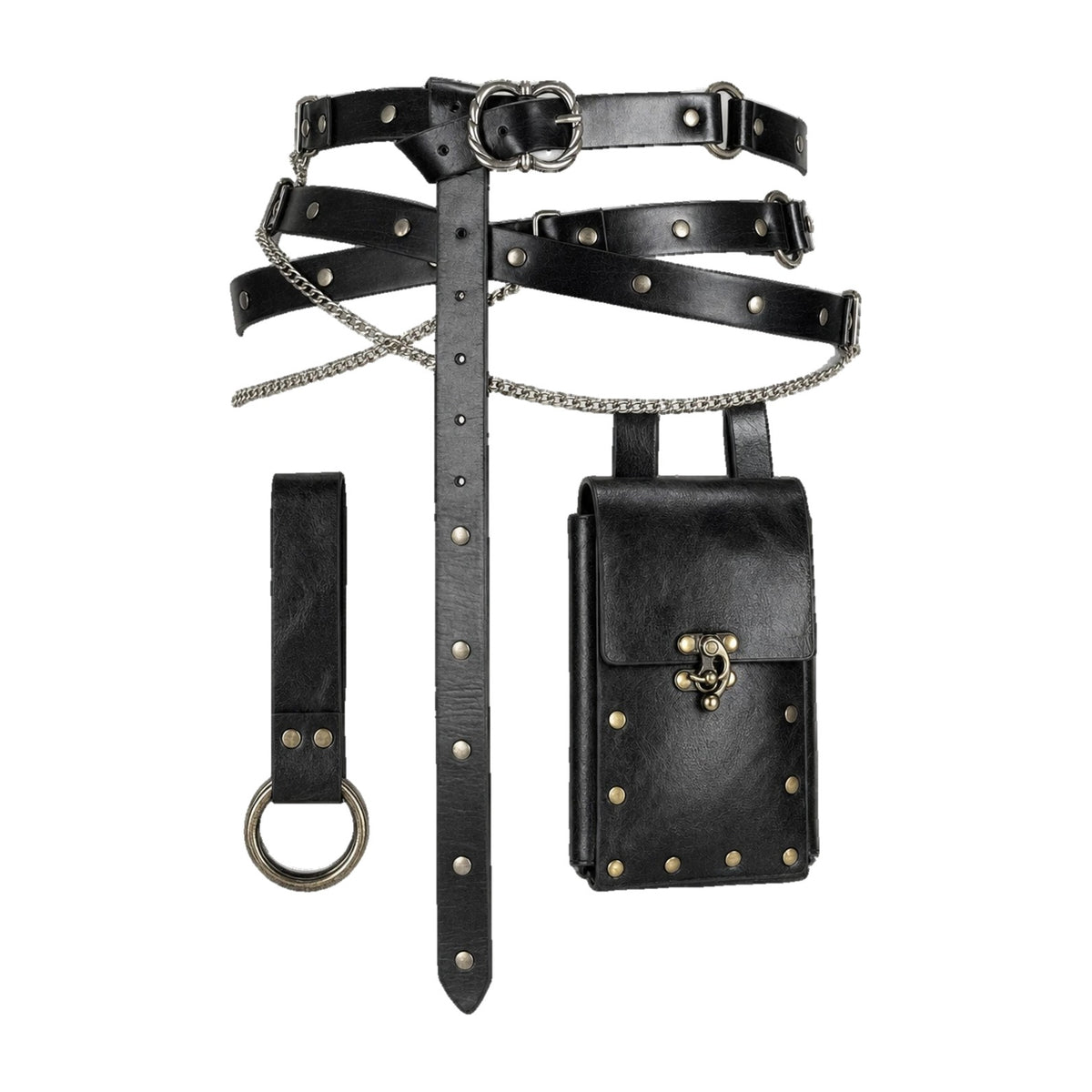 Black double belt with studded waist bag