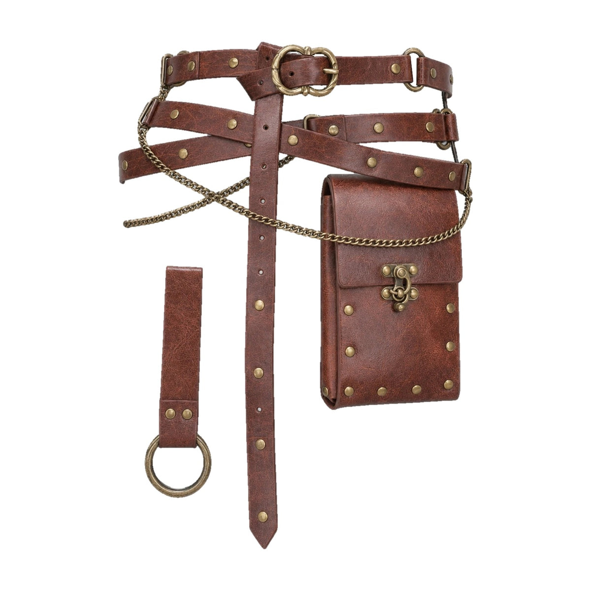 Brown double belt with studded waist bag