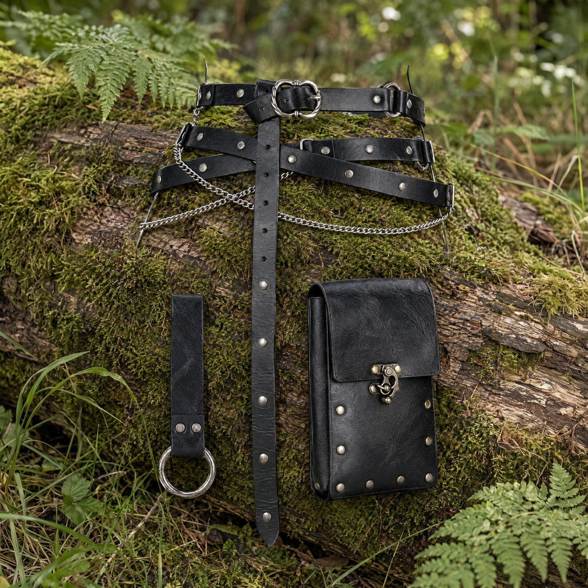 Black double belt with studded waist bag on a rustic surface