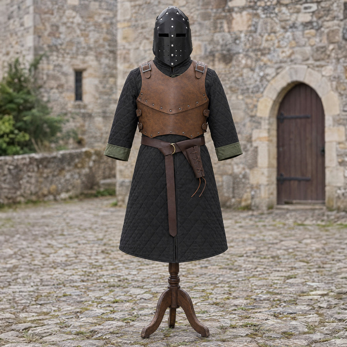 Double-Layer Half Breastplate in a complete knight outfit, on a dress form