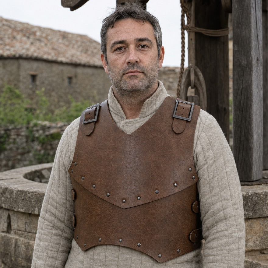 Double-layer half breastplate on a wearer, showing how far the 36 cm panel covers the chest