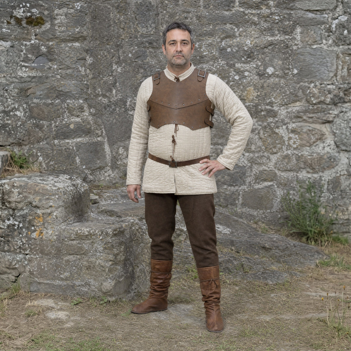 Vintage Brown double-layer half breastplate worn outdoors, full-length front view