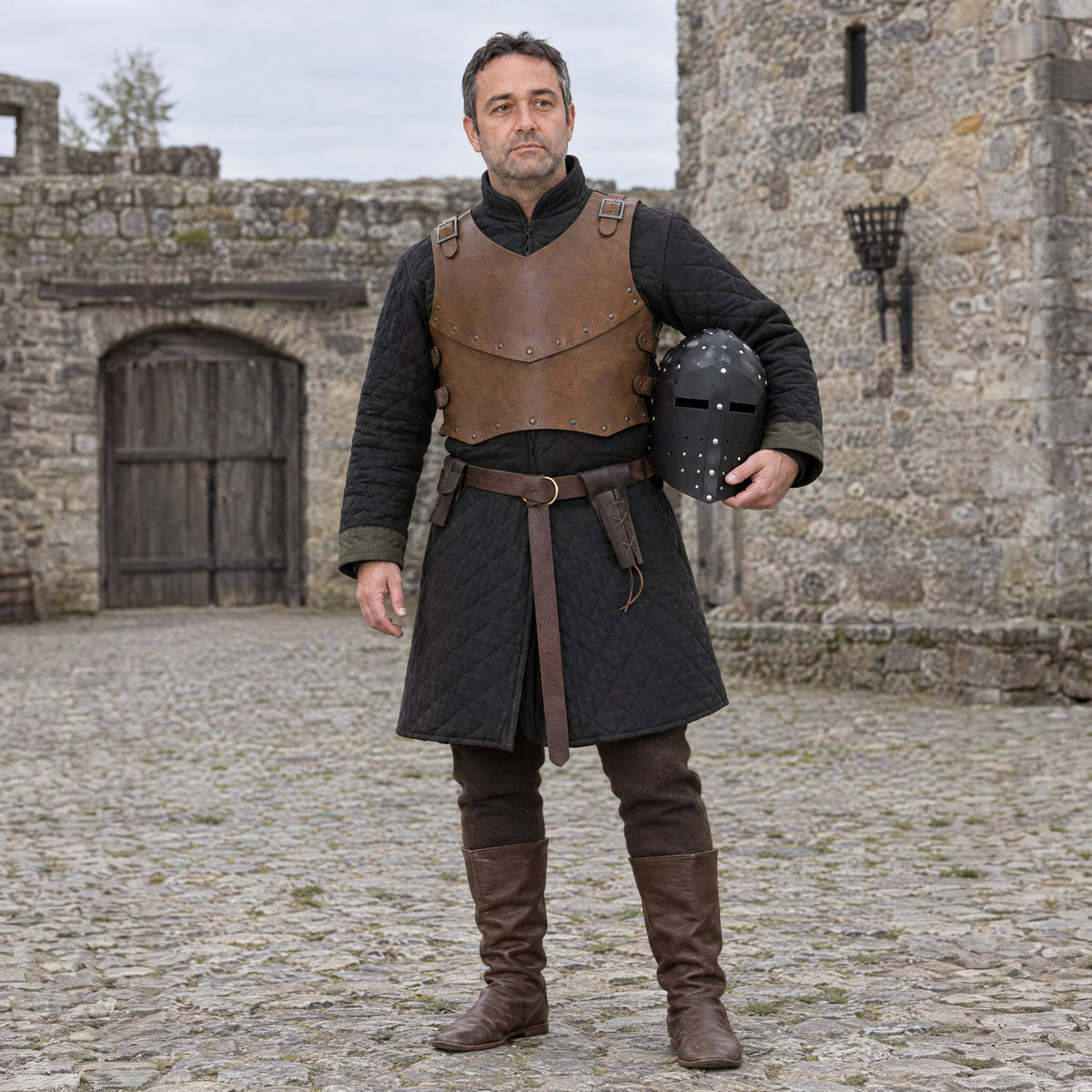 Double-Layer Half Breastplate in a complete knight outfit, worn by a man outdoors