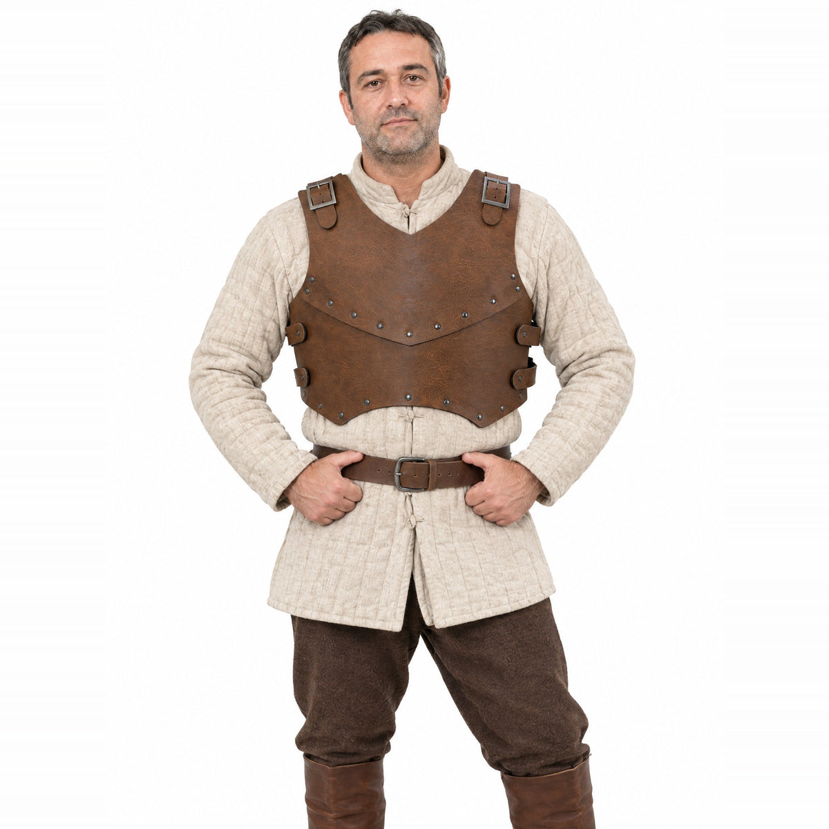 Vintage brown double-layer half breastplate worn by a model on a white background