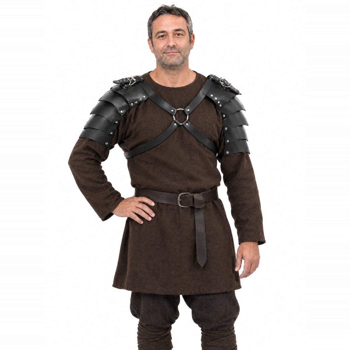 Black double shoulder armour worn by a model on a white background